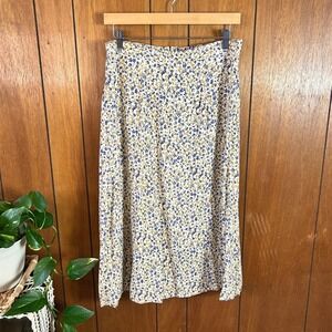 Vintage Studio Floral Midi Skirt Blue Tan Rayon Cottagecore Large Gardencore